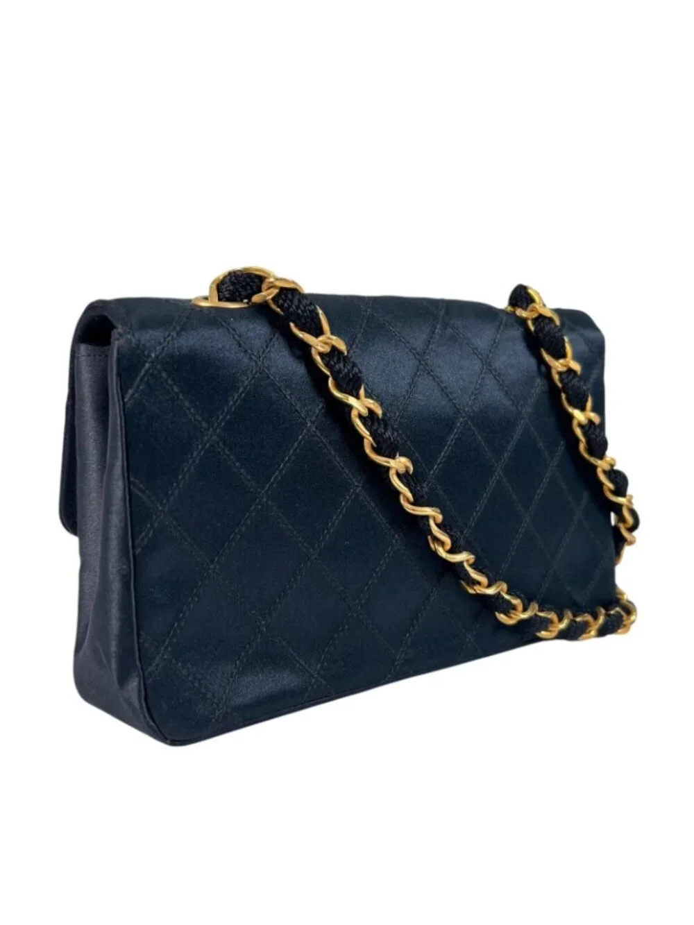 Chanel Large CC Logo Quilted Chain Shoulder Bag Satin Black
